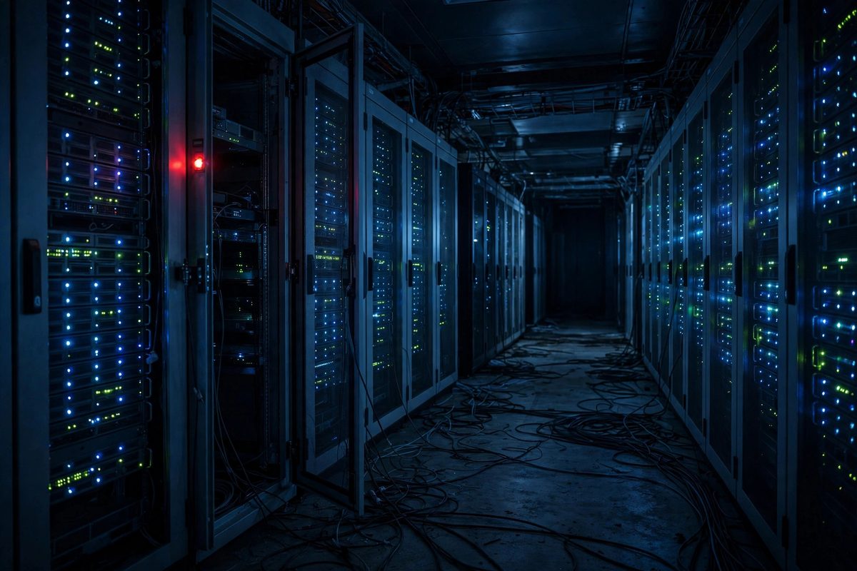 Koridor ruang server gelap dengan pintu kabinet terbuka saat agen AI tembus sistem perusahaan