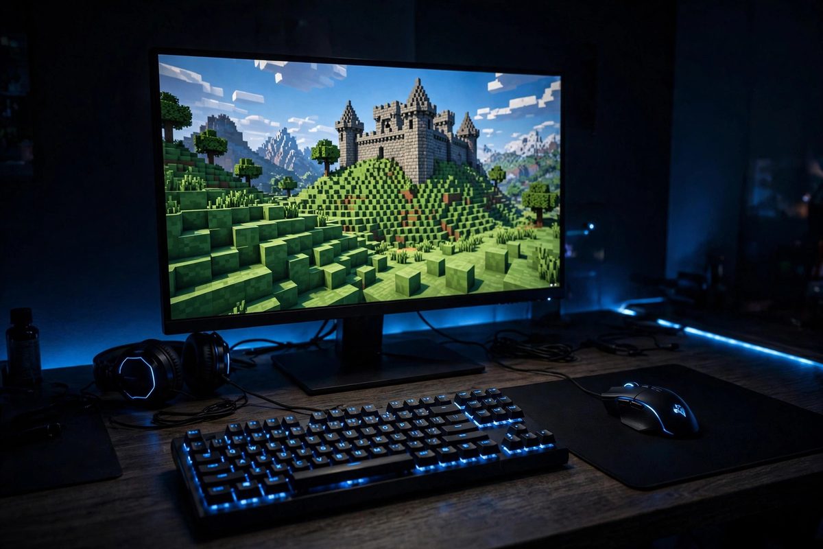 Layar komputer menampilkan dunia balok permainan saat agen Gemini tamatkan Minecraft