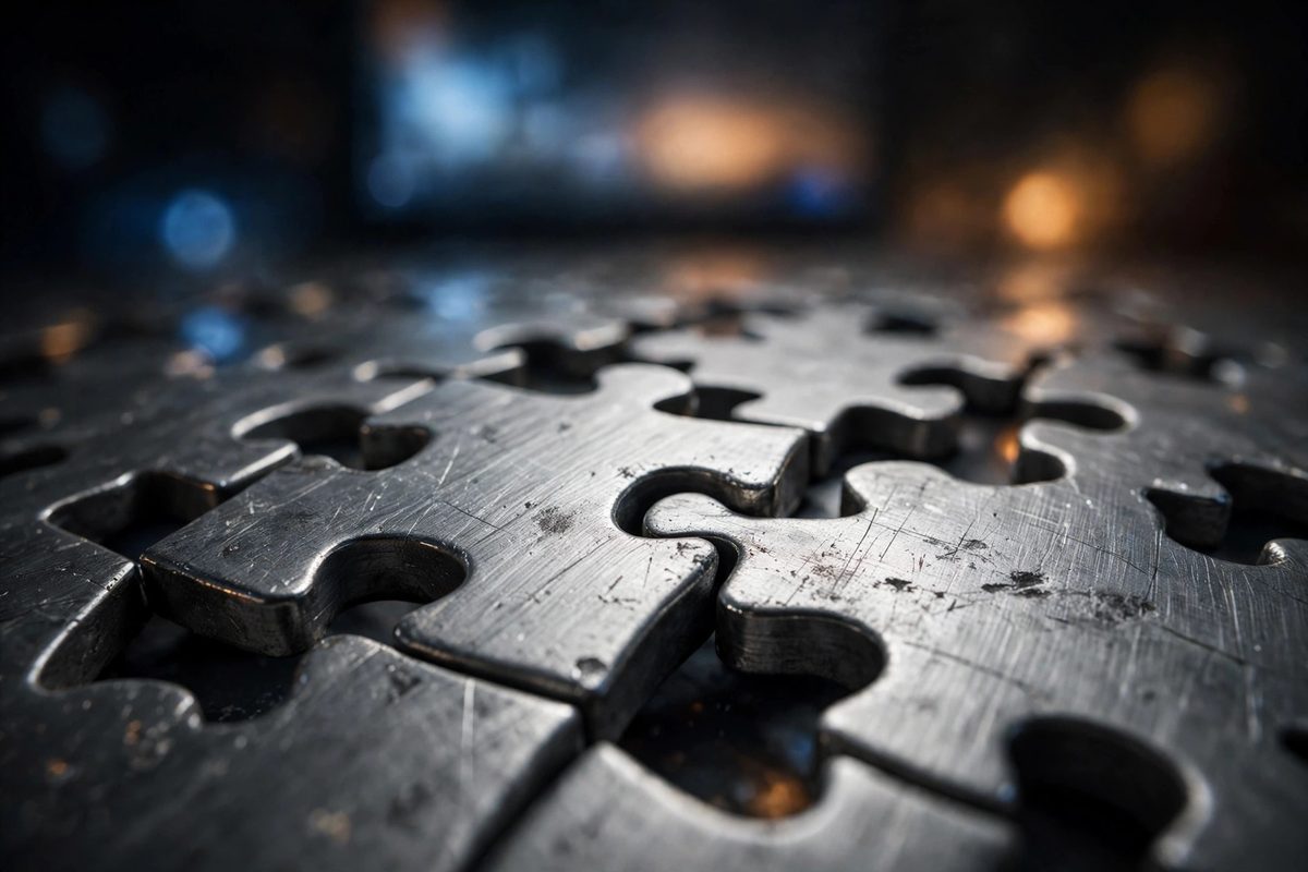 Ilustrasi potongan puzzle logam yang saling mengunci sebagai simbol standar Agent Skills ke Linux Foundation bagi agen AI lintas platform