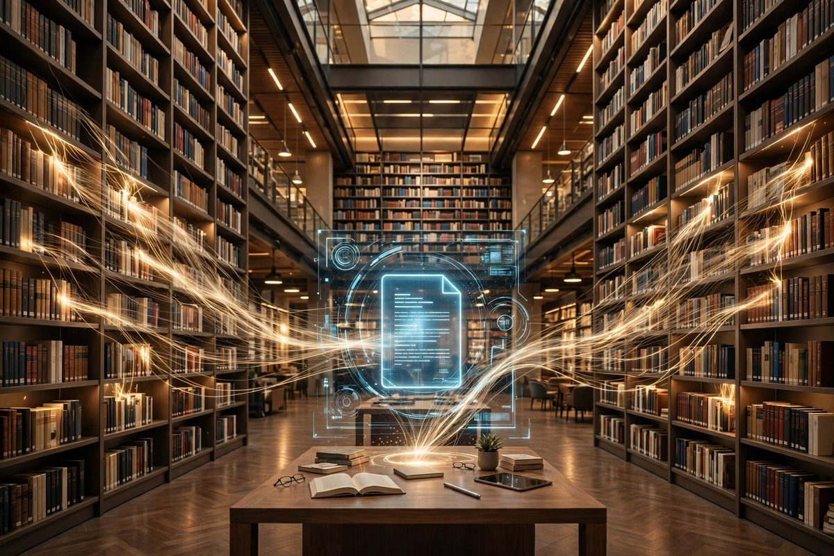 Ilustrasi perpustakaan modern dengan aliran cahaya data yang menggambarkan RAG membuat AI menjawab tepat dari dokumen