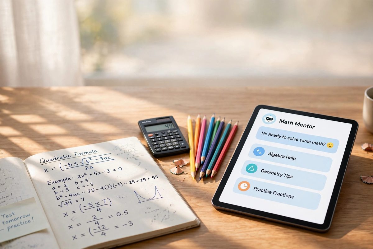 Ilustrasi anak mengerjakan soal matematika didampingi chatbot dalam kegiatan belajar matematika dengan AI