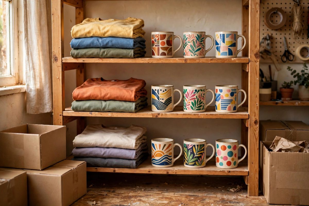 Suasana rak toko dengan kaos dan mug bermotif warna warni yang menggambarkan peluang bisnis print on demand AI tanpa stok barang