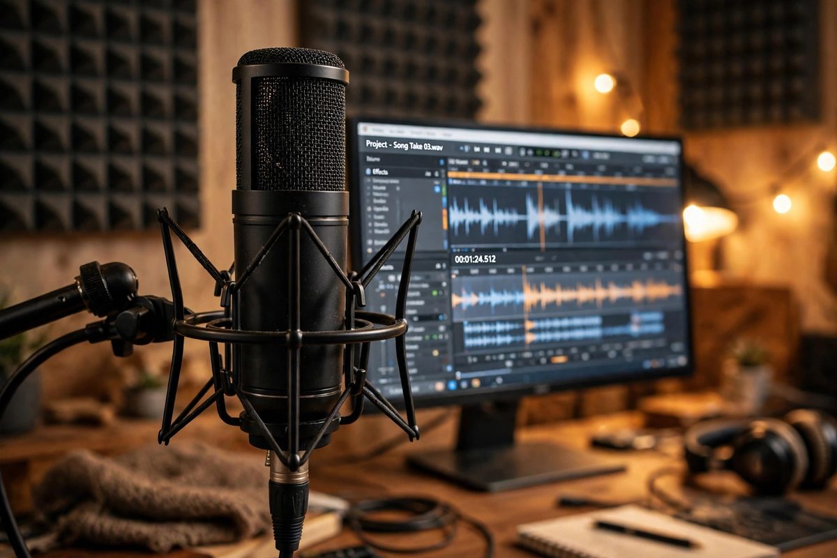 Ilustrasi mikrofon studio profesional dengan layar editor audio yang memvisualisasikan voiceover video dengan AI