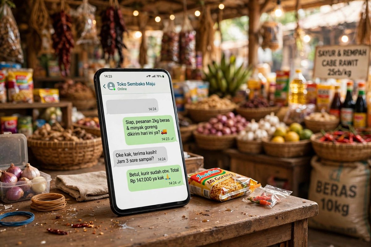 Ilustrasi layar ponsel dengan balon percakapan yang menggambarkan chatbot AI untuk toko online melayani pembeli