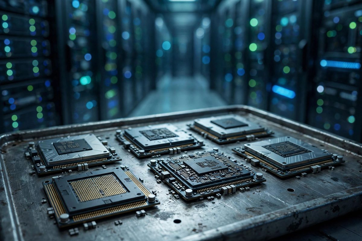 Deretan chip CPU Vera Nvidia di atas nampan logam di dalam pusat data