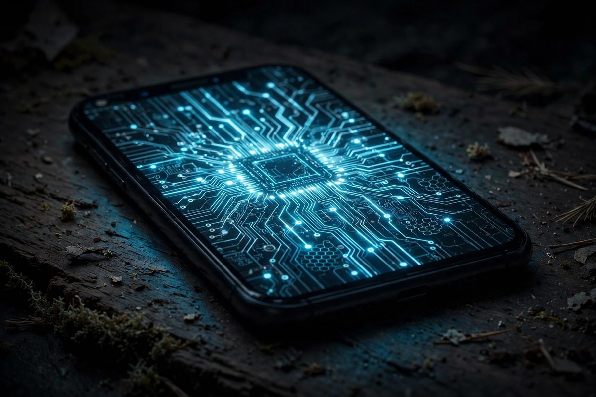 Ilustrasi konsep edge AI ponsel dengan chip cerdas yang memproses data langsung di perangkat tanpa internet
