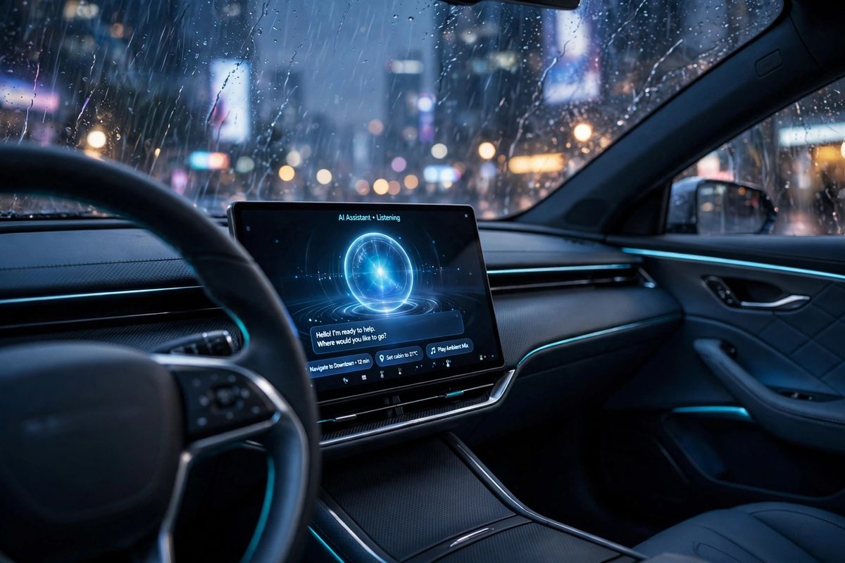Ilustrasi layar mobil menampilkan Gemini di mobil dengan informasi personal pengemudi