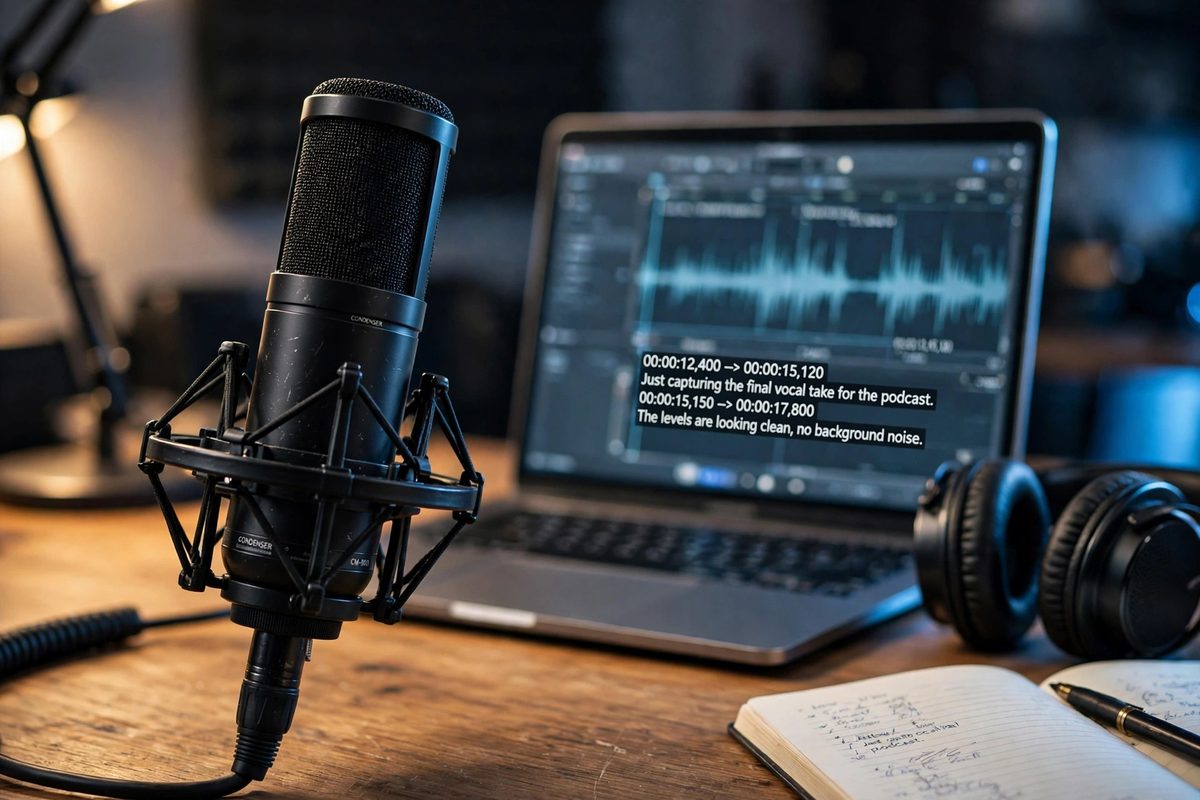 Ilustrasi laptop dengan berkas audio dan teks subtitle saat pengerjaan jasa transkripsi subtitle AI untuk kreator konten