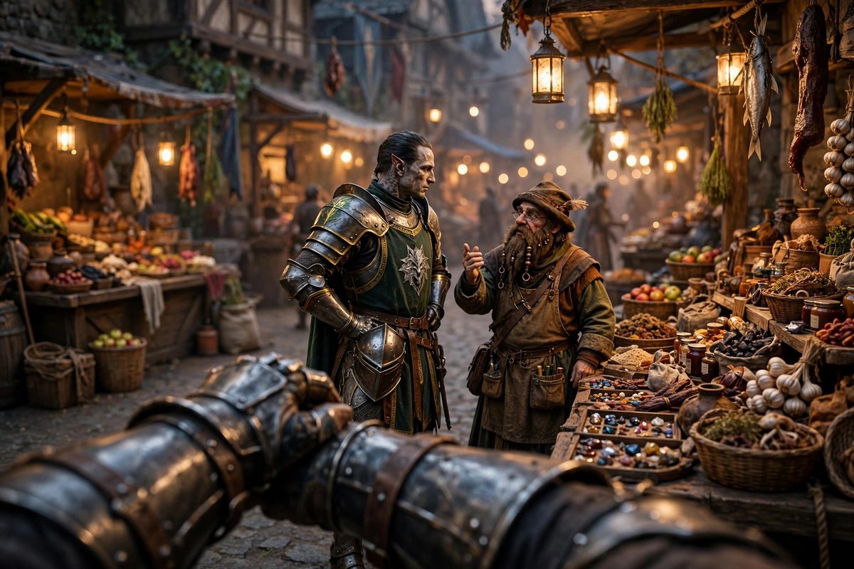 Ilustrasi karakter NPC AI di game yang sedang berinteraksi dengan pemain dalam dunia fantasi