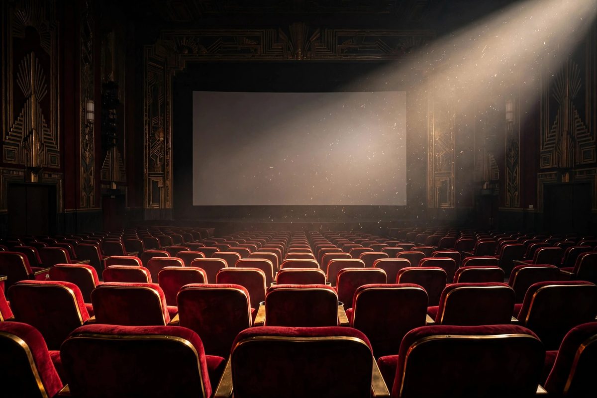 Ilustrasi layar bioskop dan lampu sorot yang menggambarkan suasana festival film AI Lumara