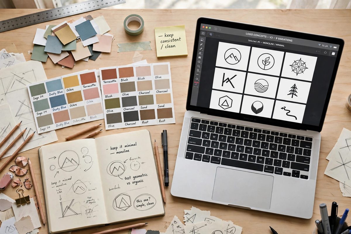Ilustrasi meja desainer dengan sketsa logo dan laptop yang menggambarkan panduan membuat logo bisnis dengan AI
