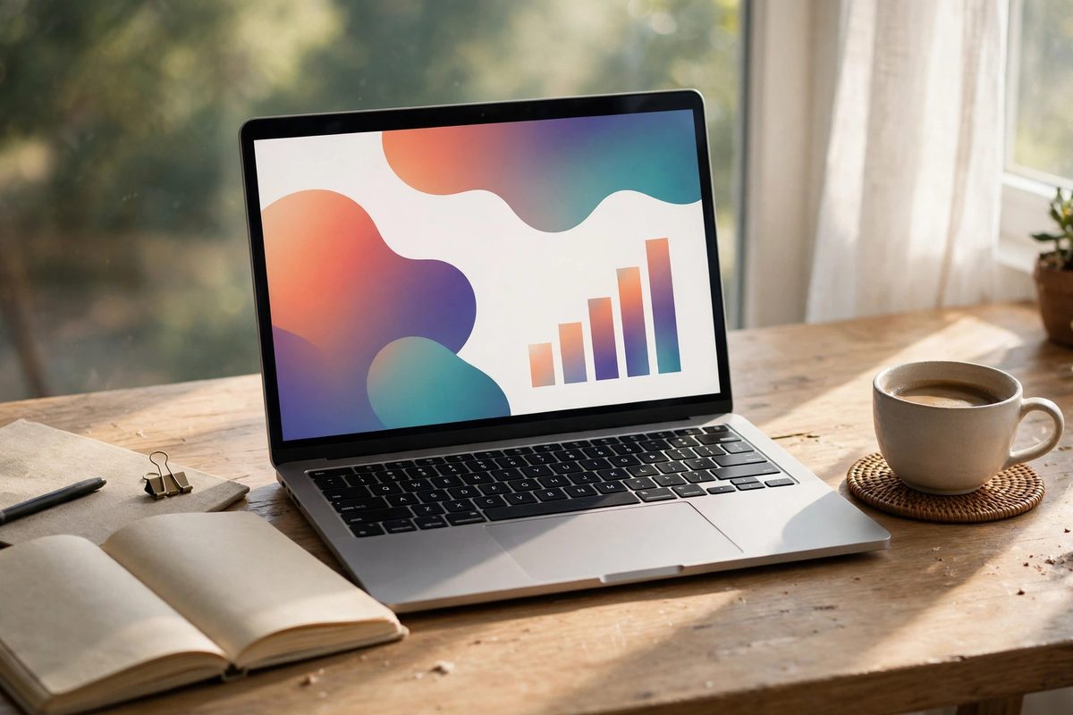 Ilustrasi laptop di meja kerja yang menampilkan slide presentasi modern dan menggambarkan alur membuat presentasi cepat dengan AI untuk kebutuhan kerja