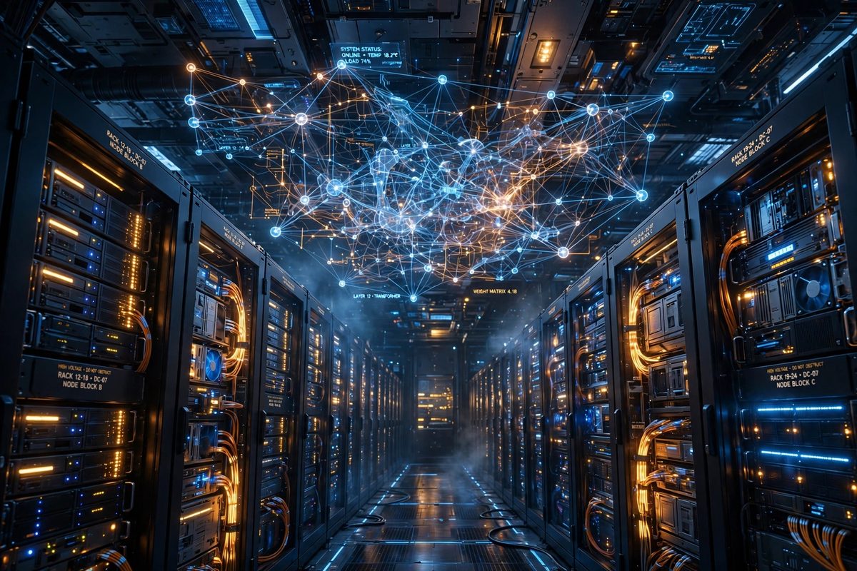 Ilustrasi jaringan saraf tiruan raksasa yang menggambarkan parameter model AI dalam pusat data