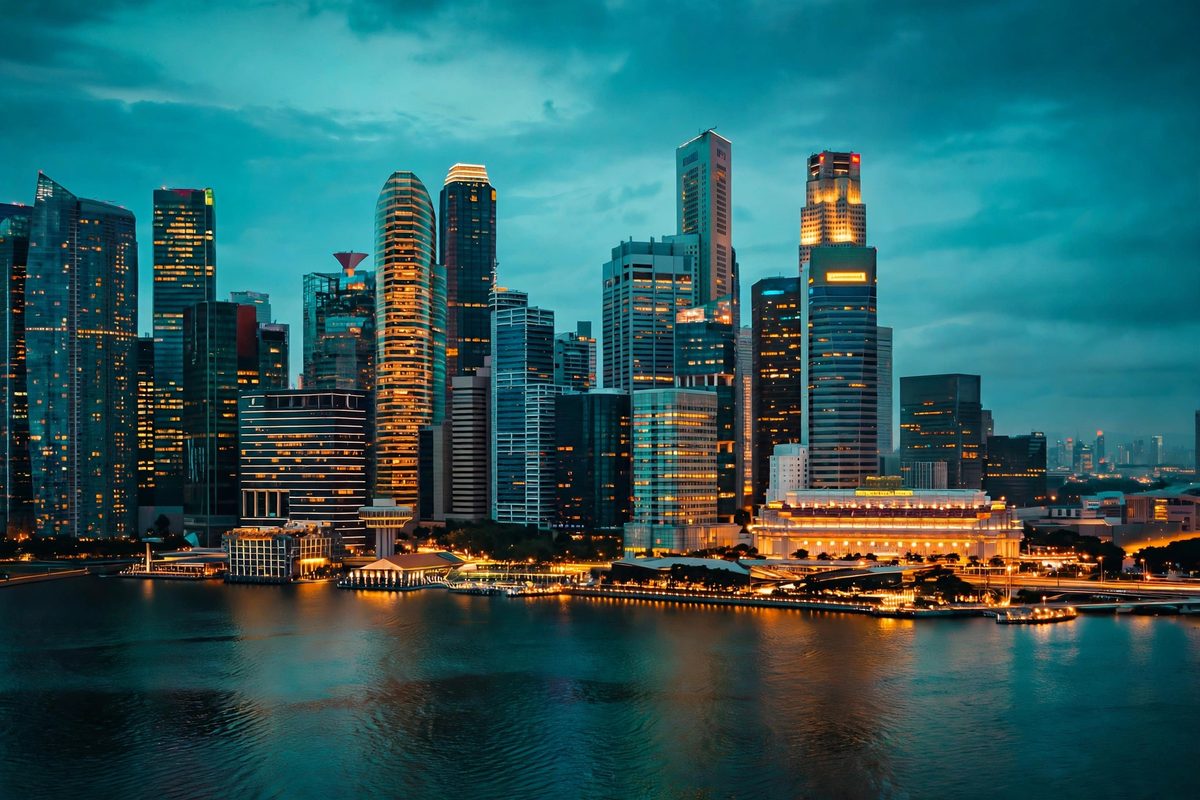 Ilustrasi gedung perkantoran modern di Singapura sebagai simbol ekspansi Moonshot AI Singapura