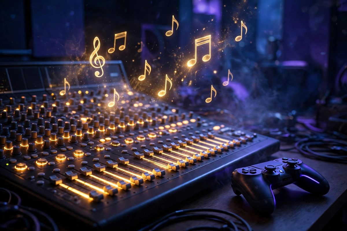 Ilustrasi ruang studio dengan not balok melayang menggambarkan musik latar game adaptif yang berubah mengikuti permainan