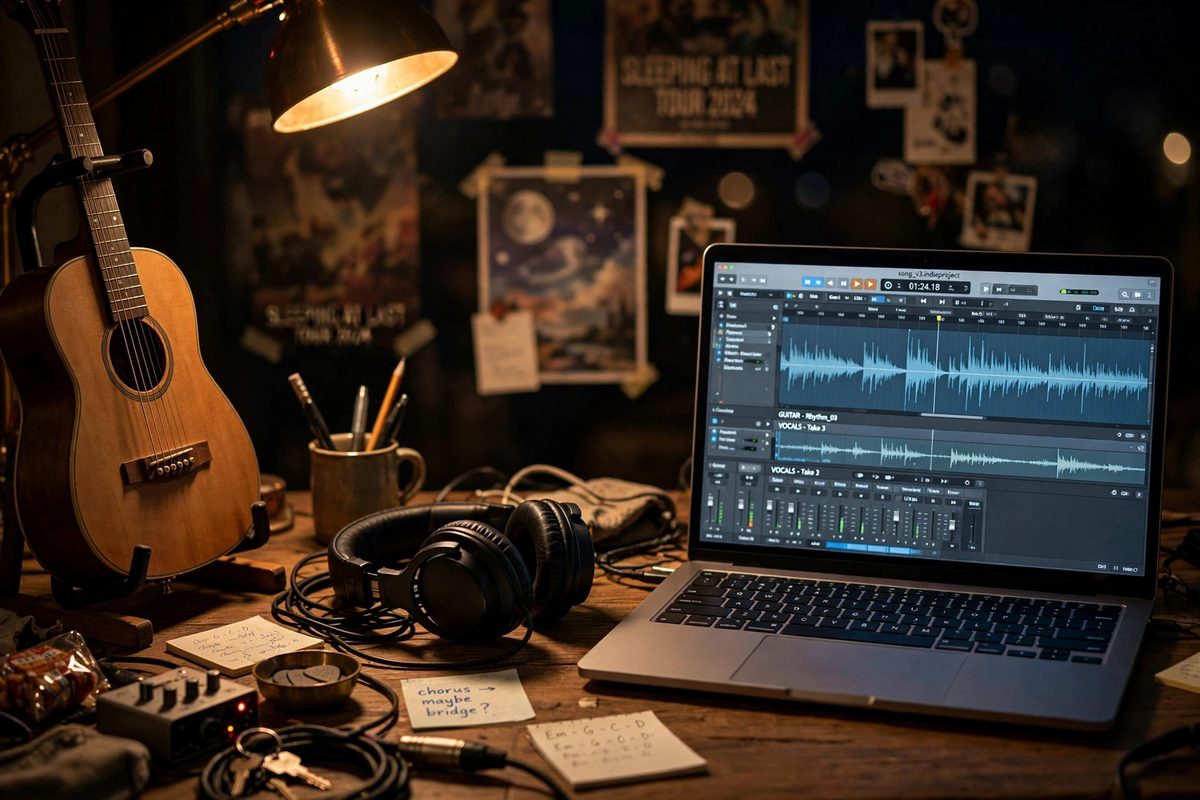 Suasana studio musik rumahan dengan gitar headphone dan laptop yang menggambarkan musisi indie AI dalam proses membuat lagu