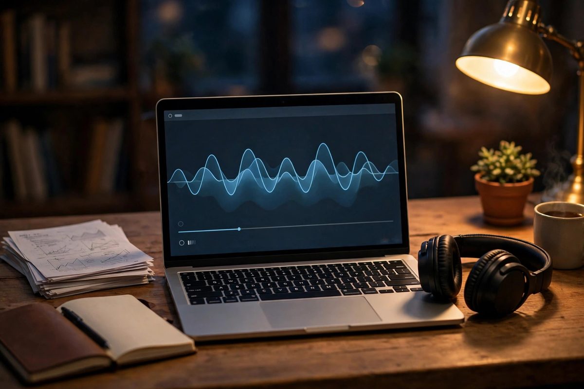 Meja belajar dengan laptop dan headphone untuk belajar dengan NotebookLM dari dokumen sendiri