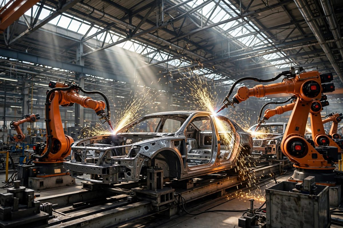 Lengan robot mengelas rangka mobil di pabrik saat AI industri Jerman didorong Nvidia