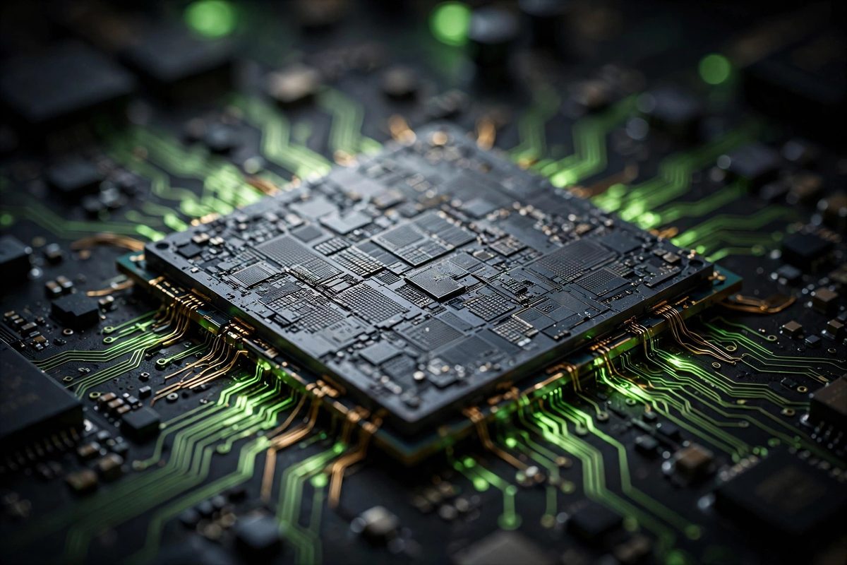 Foto makro chip prosesor AI modern sebagai ilustrasi model AI terbuka Nemotron untuk agen AI