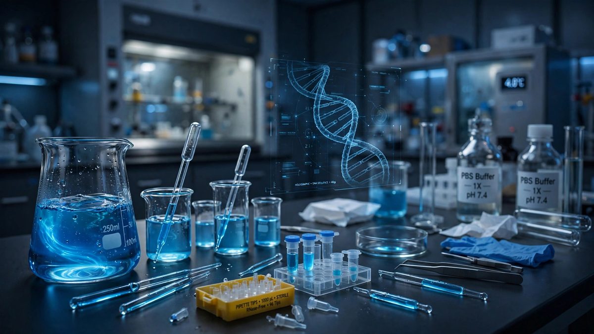 Ilustrasi laboratorium bioteknologi modern dengan tabung reaksi dan visual DNA yang menggambarkan akuisisi Orchestra Bio oleh OpenAI
