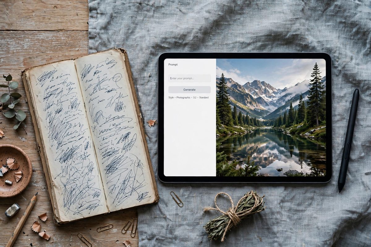 Tablet di meja kerja menampilkan kolom teks dan hasil gambar yang menggambarkan prompt gambar AI yang efektif
