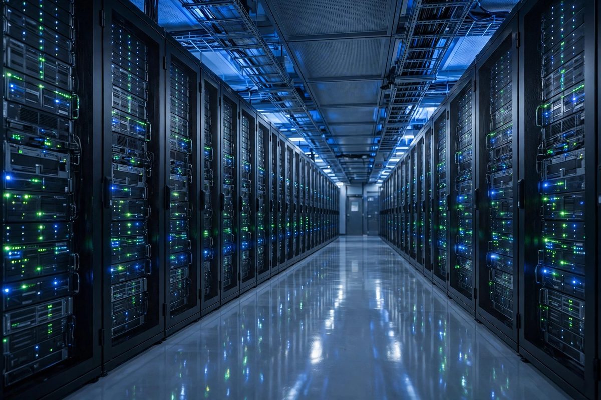 Ilustrasi lorong pusat data dengan rak server yang menggambarkan proyeksi Super Micro sebagai sinyal permintaan AI