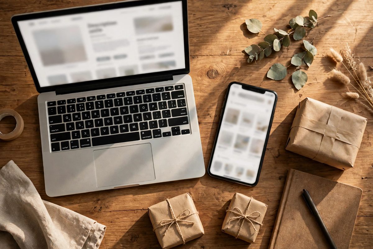 Ilustrasi laptop menampilkan draf deskripsi produk AI untuk toko daring di marketplace