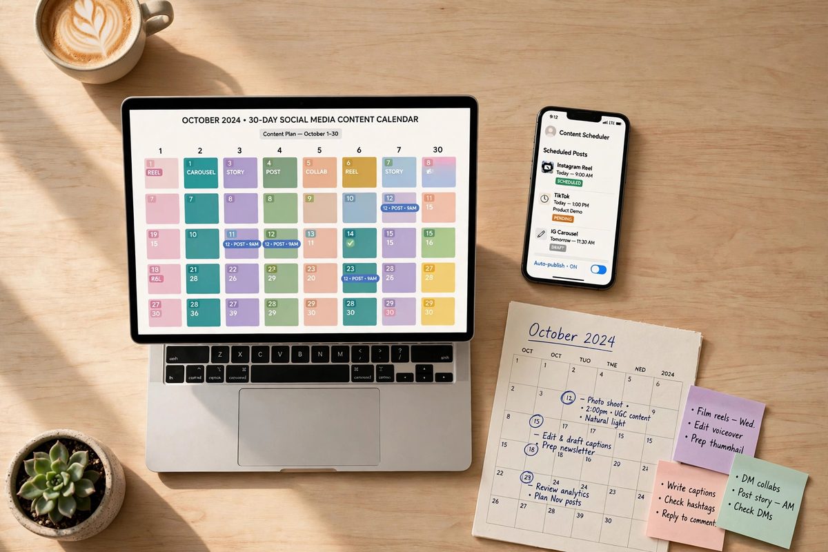 Ilustrasi meja kerja untuk rencana konten medsos dengan AI, kalender konten media sosial 30 hari tampil di layar laptop dan perencana kertas