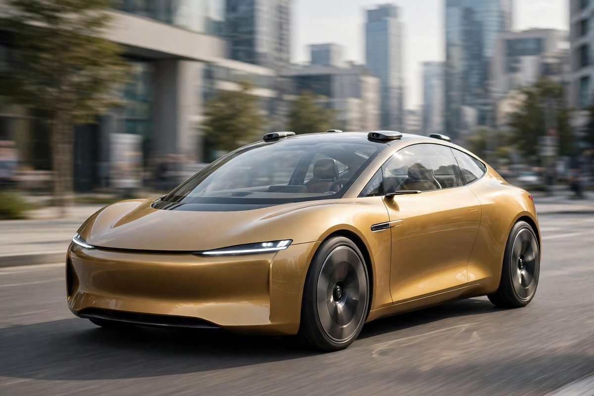 Taksi otonom Tesla jual Cybercab berwarna emas tanpa setir dan pedal melaju di jalan kota pada siang hari