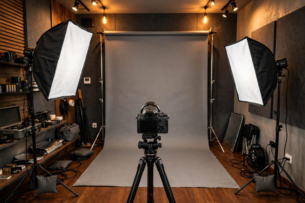 Ilustrasi studio foto profesional dengan kamera dan lampu yang menggambarkan tren foto studio AI di media sosial