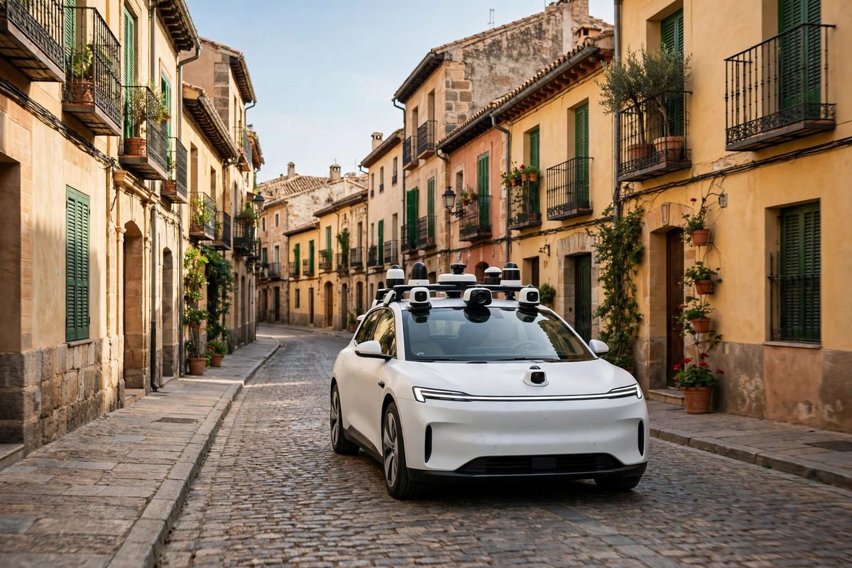 Ilustrasi mobil otonom melaju di jalan kota Eropa yang menggambarkan rencana layanan robotaxi Waymo Madrid mulai beroperasi tahun 2027